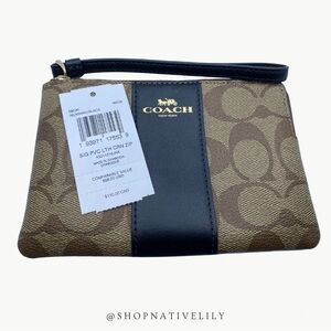 Coach Corner Zip Logo Wristlet In Signature Canvas With Stripe | Khaki/Black